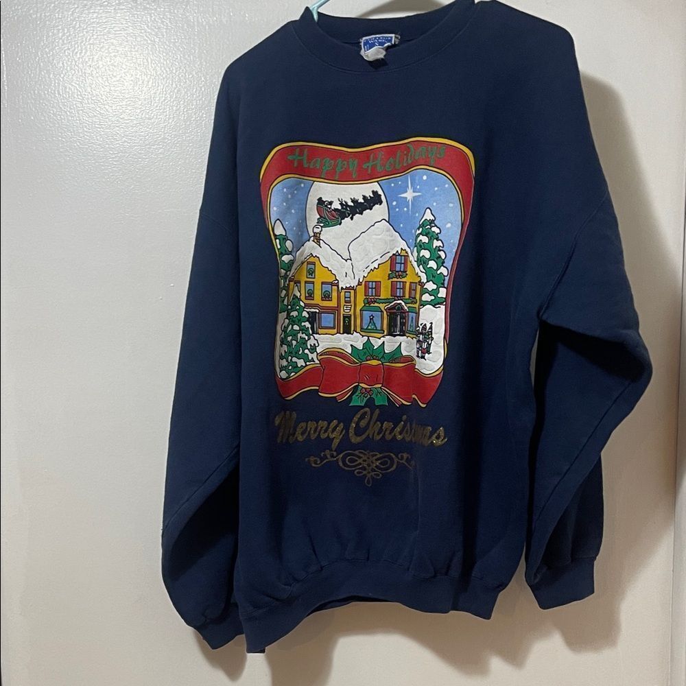 Vintage Festive Holiday Sweatshirt - Navy Blue Xl